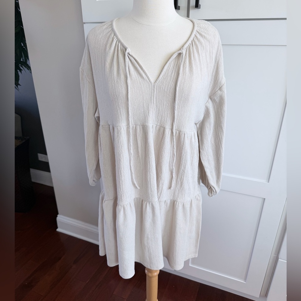 Pull & Bear Boho Tie-Neck Tiered Midi Dress in Soft Ivory Small - Picture 2 of 8